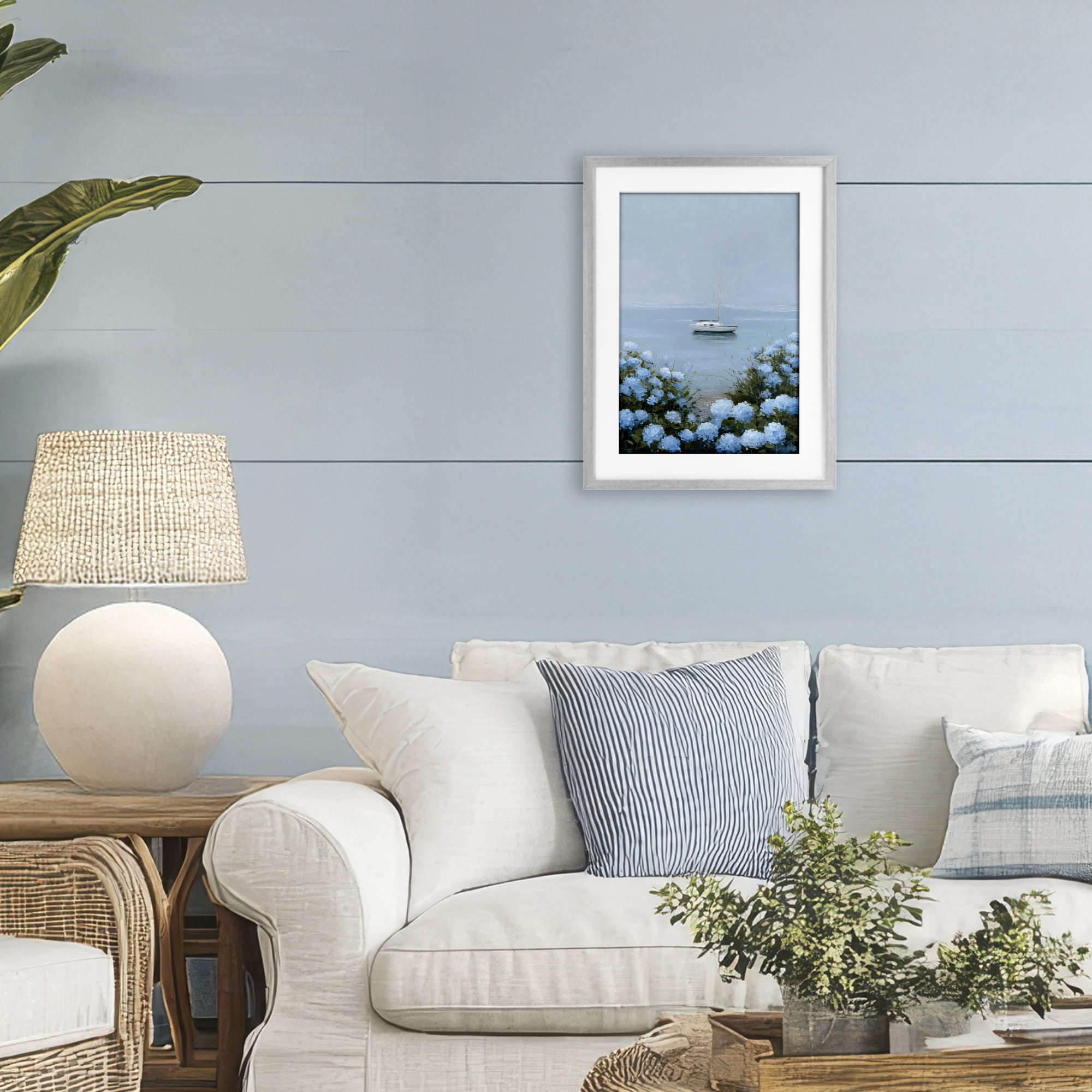 Stupell Industries Yacht in Floral Bay Gray Framed Print Under Glass, design by Petal Prints Design