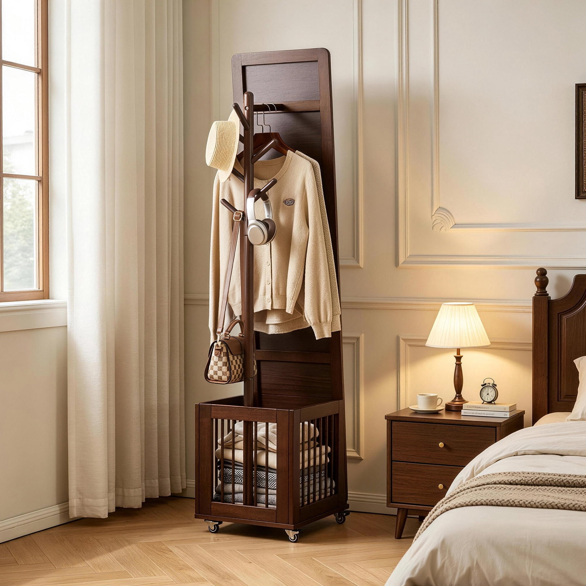 Rolling Coat Rack with Storage Basket, Freestanding Multi-Hook Garment Stand with Wheels, Mobile Wooden Clothes Organizer for Entryway Bedroom Hall Closet, Solid Wood