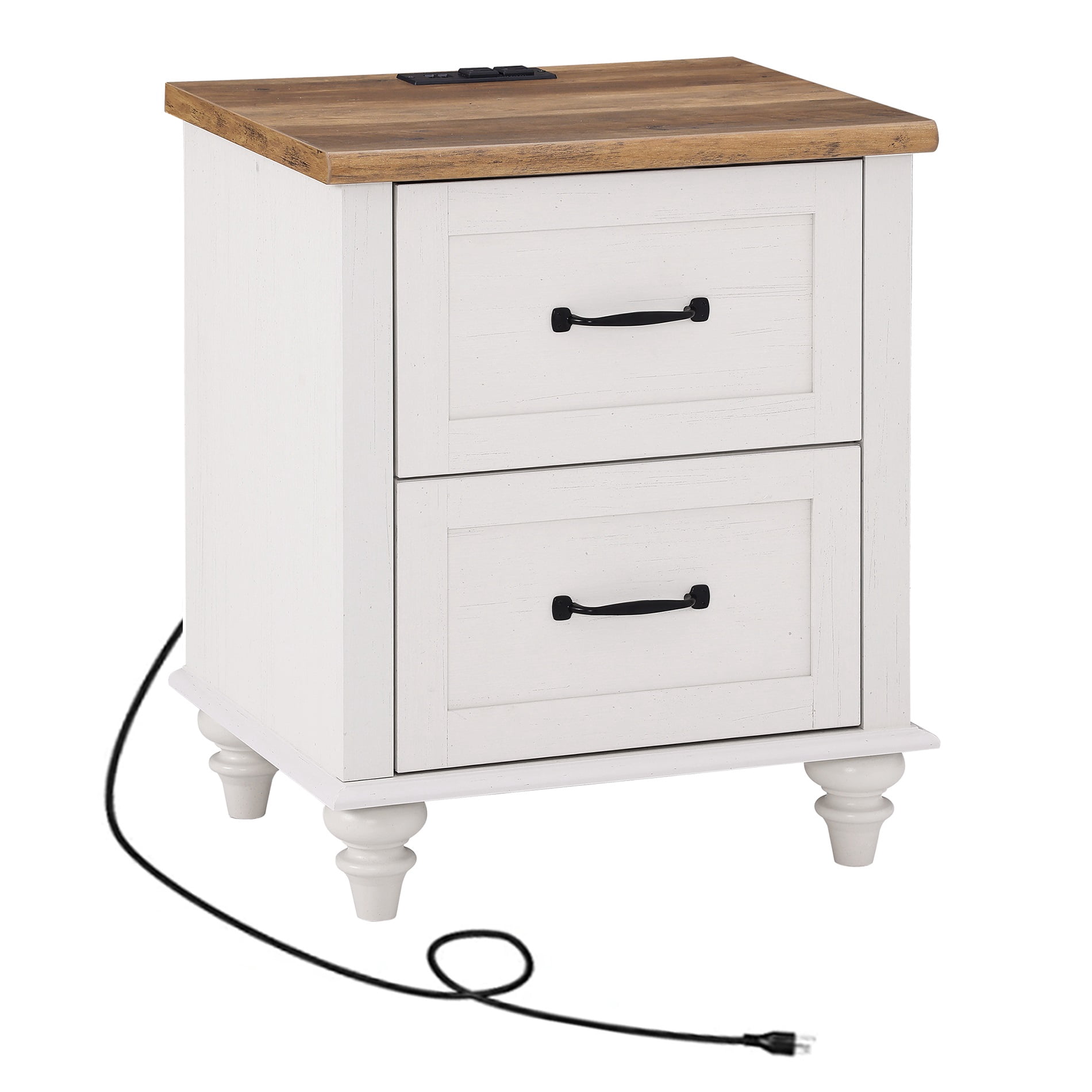 White Side Table with Charging Station for Living Room, Mid Century Nightstand for Bedroom Kids room