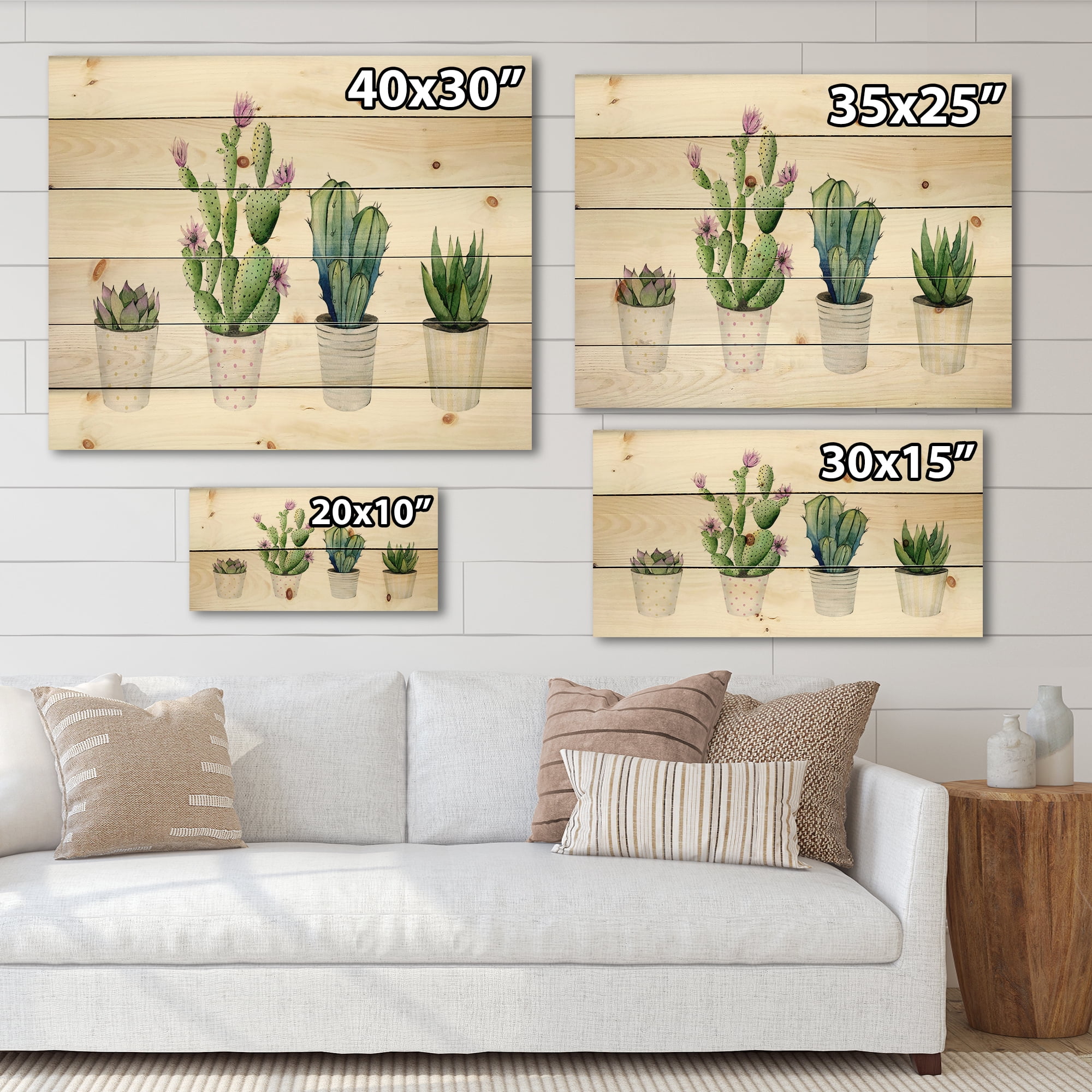 Designart 'Aloe Vera Cactus Succulent Home Plants In The Pots' Botanical Print on Natural Pine Wood
