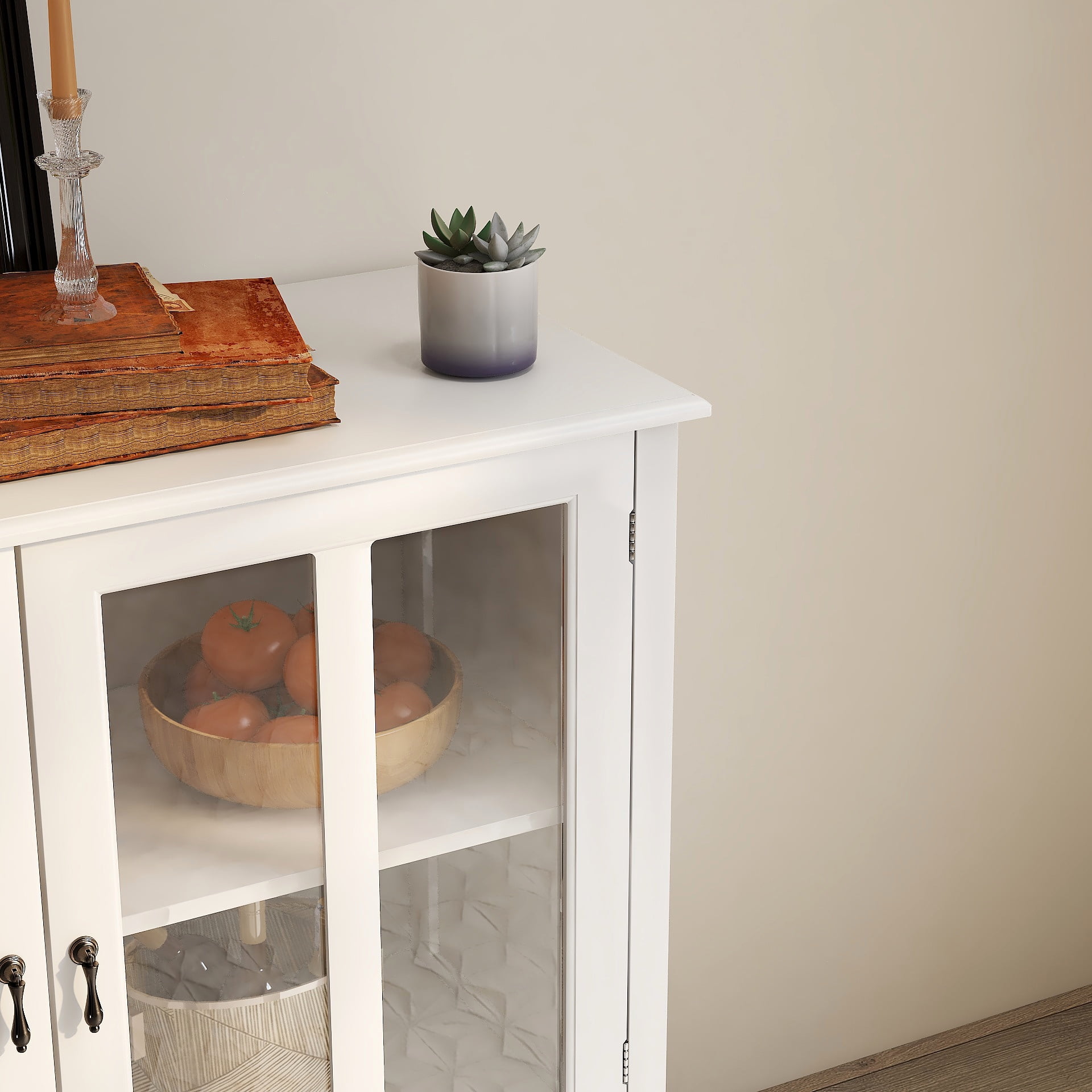 Mintazer Sideboard Buffet Cabinet with Glass Door, Farmhouse Storage Credenza with Adjustable Shelf & Large Drawer for Laundry Room Living Room Kitchen，White
