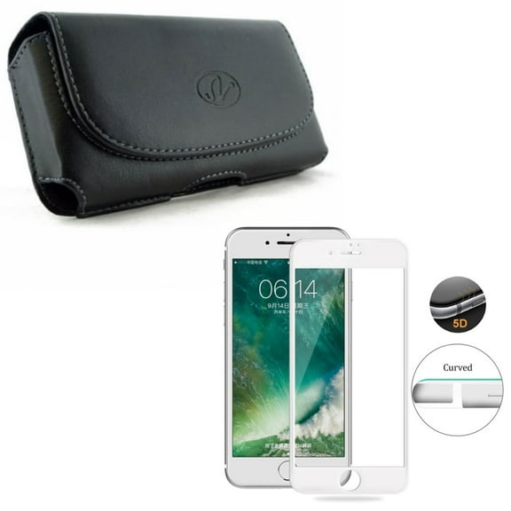 Compatible With iPhone 8 7 6S 6 - Black Leather Phone Case w Tempered Glass Screen Protector 5D