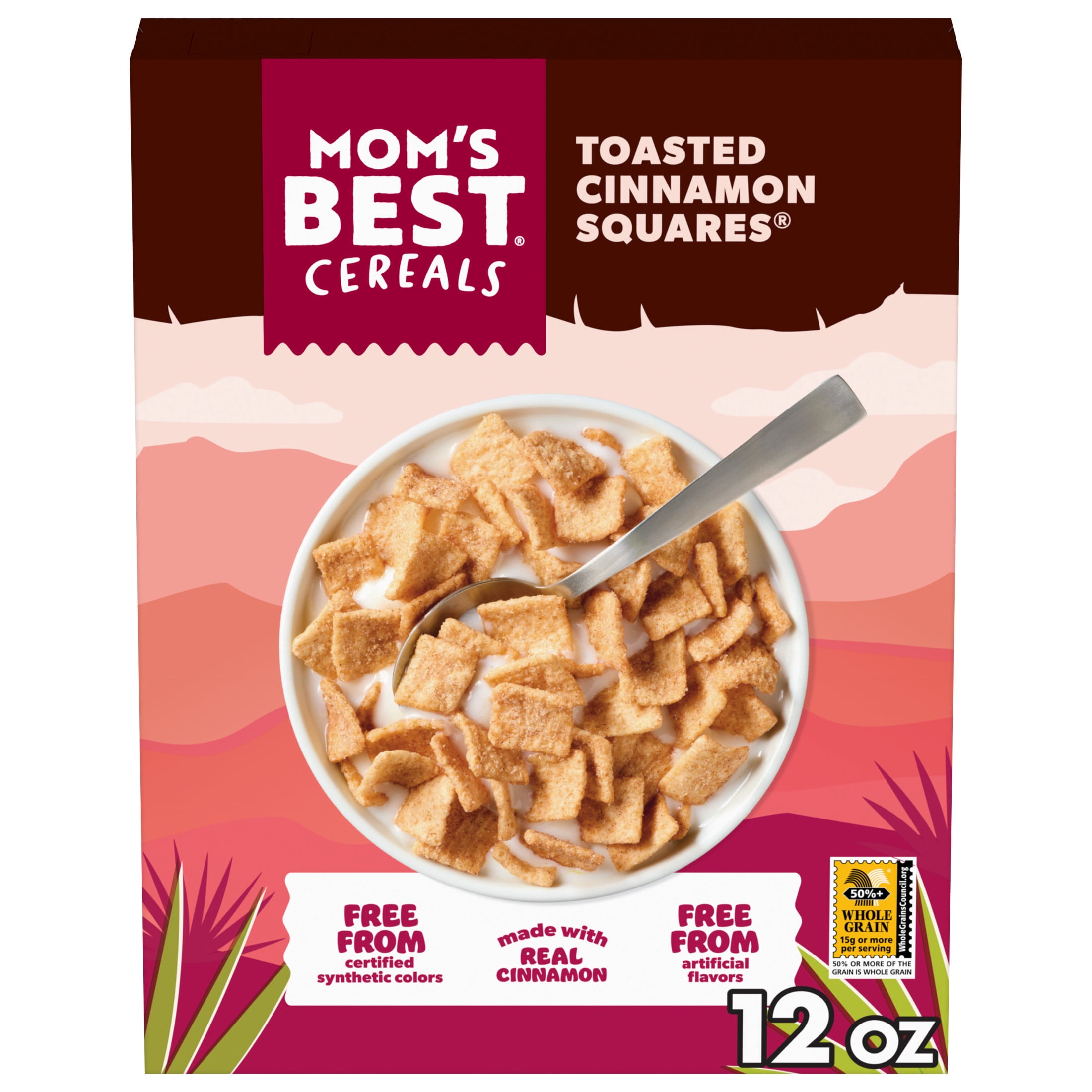 (4 pack) Mom's Best Toasted Cinnamon Squares Cereal, Cinnamon Cereal, 12 OZ Box