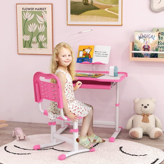 Desk and Chair Set with USB Light, Storage Drawer, Pink