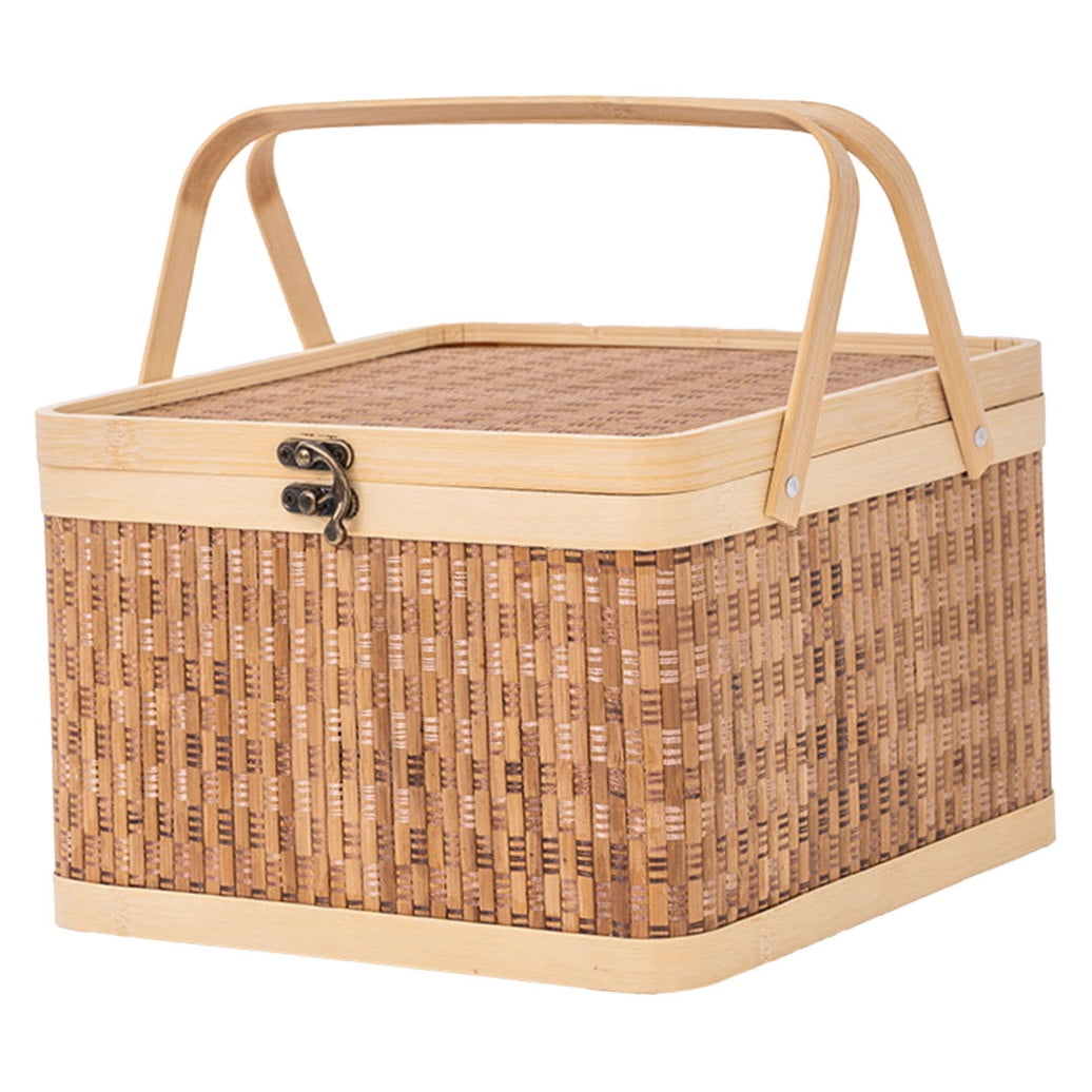 Wicker Picnic Basket with Lid and Handle 28cm Natural Woven Woodchip Easter Candy Egg Storage Rattan Fruit Carrying Holder for Wedding Wine