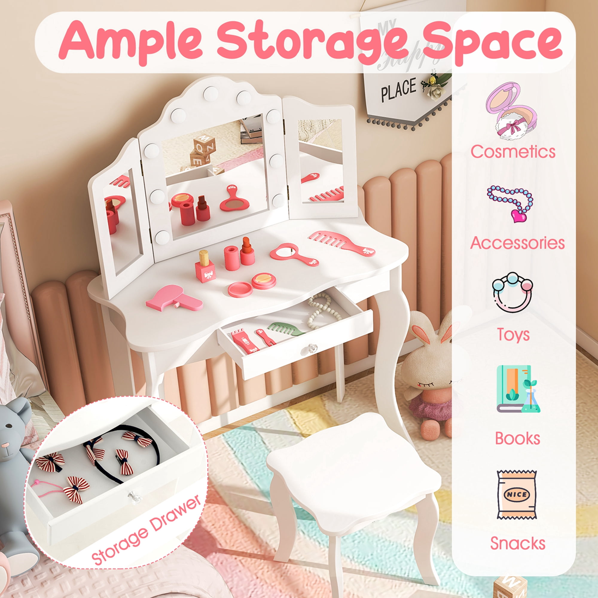 Costway Kid Vanity Table Stool Set Tri-Folding Mirror Adjustable 3-Color LED Light White