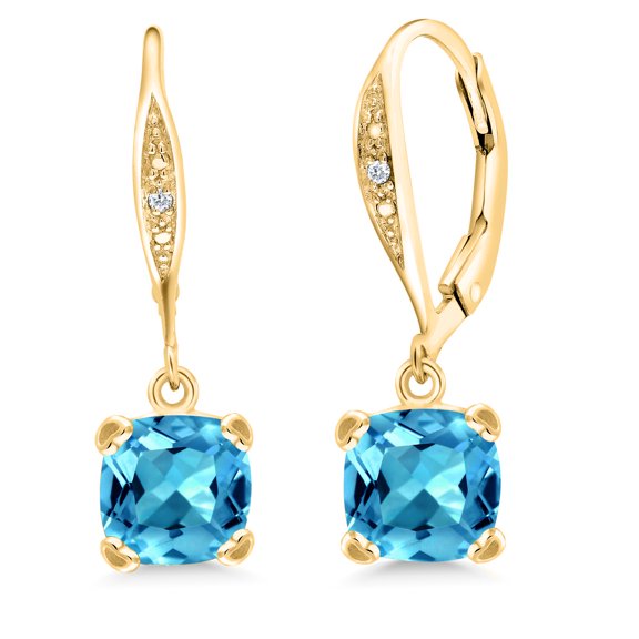 Gem Stone King 18K Yellow Gold Plated Silver Swiss Blue Topaz and White Diamond Earrings for Women (3.71 Cttw, Gemstone November Birthstone, Cushion 7MM)