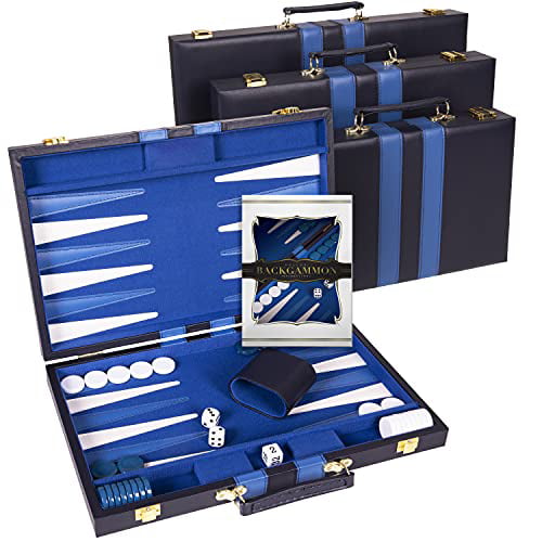 Crazy Games Backgammon Set - Classic Blue Medium 15 Inch Backgammon Sets  for Adults Board Game with Premium Leather Case - Best Strategy & Tip Guide  
