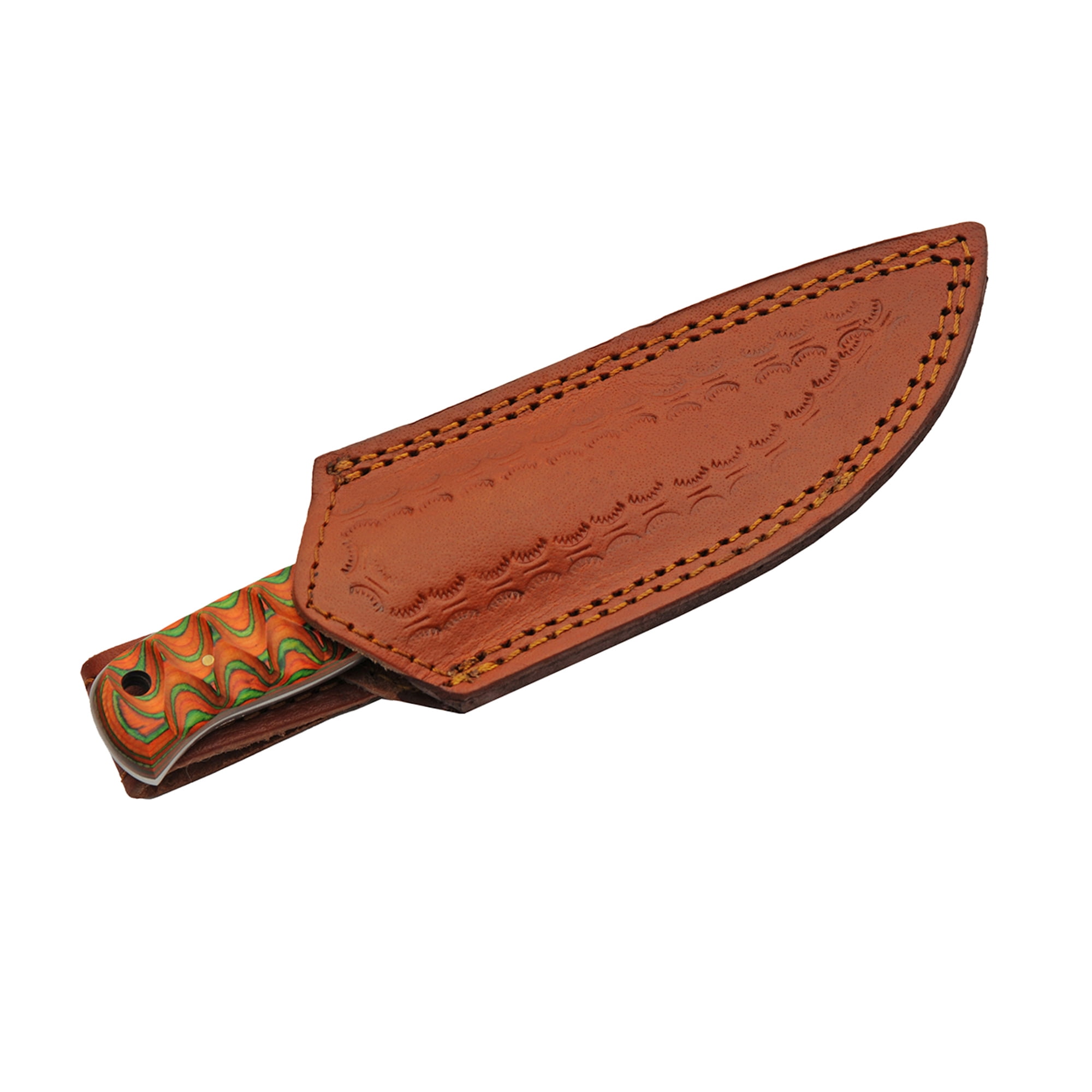 SANZ 8 Inch Exotic Hunter Knife Damascus Steel Blade Full Tang Grooved Wood Handle Lanyard Hole Leather Sheath Outdoor Fixed Blade