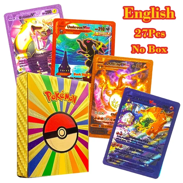Tarjeta de Pokémon colorida, oro, plata, negro, diamante, español, inglés, francés, alemán, Metalicas, Charizard Vmax Gx, caja de cartas de juego