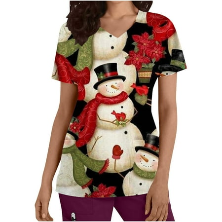

Mchoice Women s Christmas Costume V-Neck Short Sleeve Nursing Uniform Xmas Printed Workwear Holiday Casual Graphic Tees Blouse Scrubs Tops with Pockets
