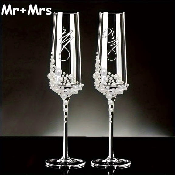 Hauojaus Mr and Mrs Elegant Pearl Crystal Handmade Champagne Flutes Set of 2