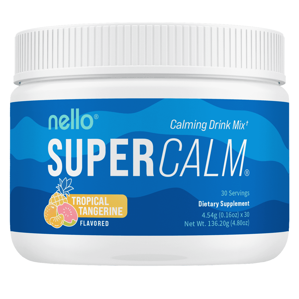 Nello Supercalm Drink Mix - Ashwagandha KSM 66, Magnesium Glycinate & L-Theanine Supplement - Ashwagandha Root Extract - Focus and Relaxation Support (30 Serving Tub) - Tropical Tangerine
