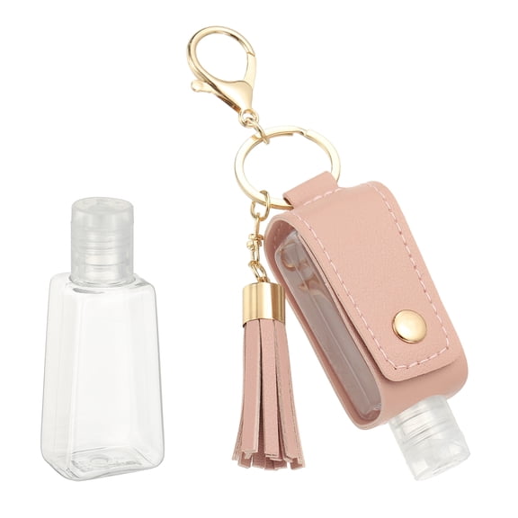 Portable Travel Empty Bottle with Keychain, 30ml PU Leather Mini Squeeze Bottles, Hand Liquid Refillable Container Travel Size for Toiletry Lotion Shampoo Liquid Soap, Pink