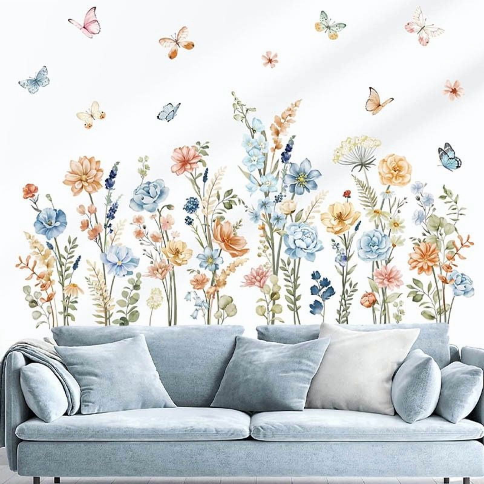 Watercolor plant stickers, flower wall stickers, butterfly wall stickers，Living Room DIY transparent stickers Peel and Stick Removable Home Decor Bedroom Sofa TV Wall Art Decoration