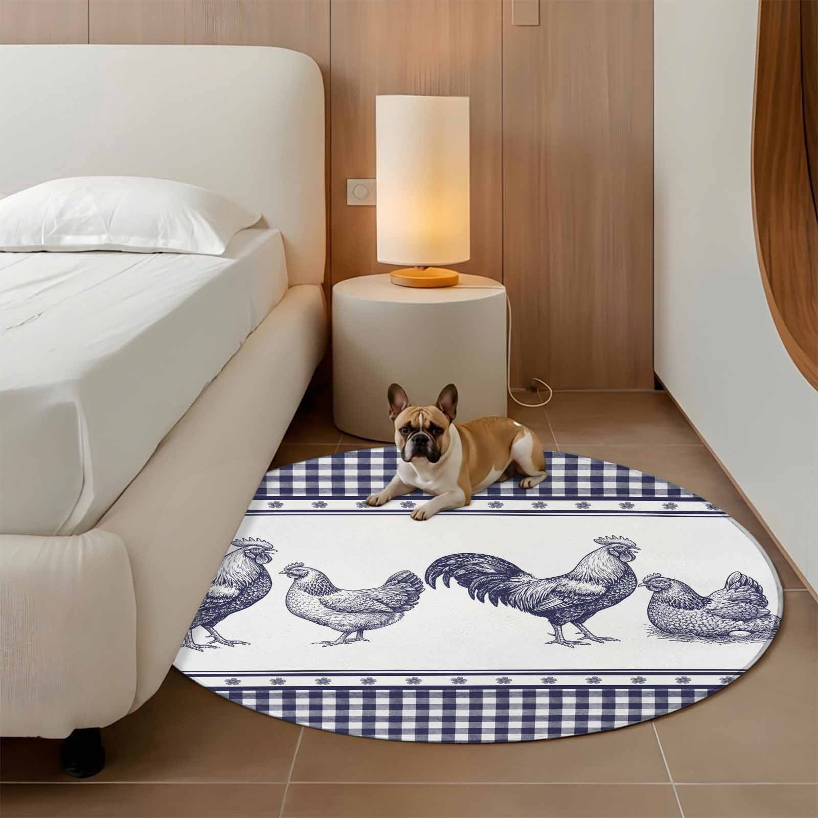 Navy Blue Rooster Round Area Rug 5Ft Washable Circle Rugs for Living Room Bedroom, Vintage Farmhouse Blue Plaid Non-Slip Carpet Floor Mats Indoor Outdoor Carpet Runner Aesthetic Home Decor