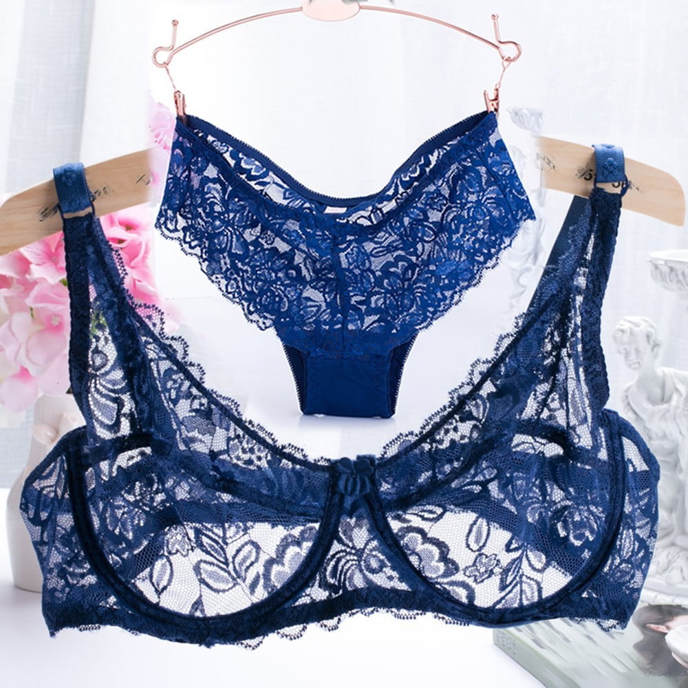 Women Lace Embroidery Underwear 3/4 cup thin Transparent Bra Panty Set