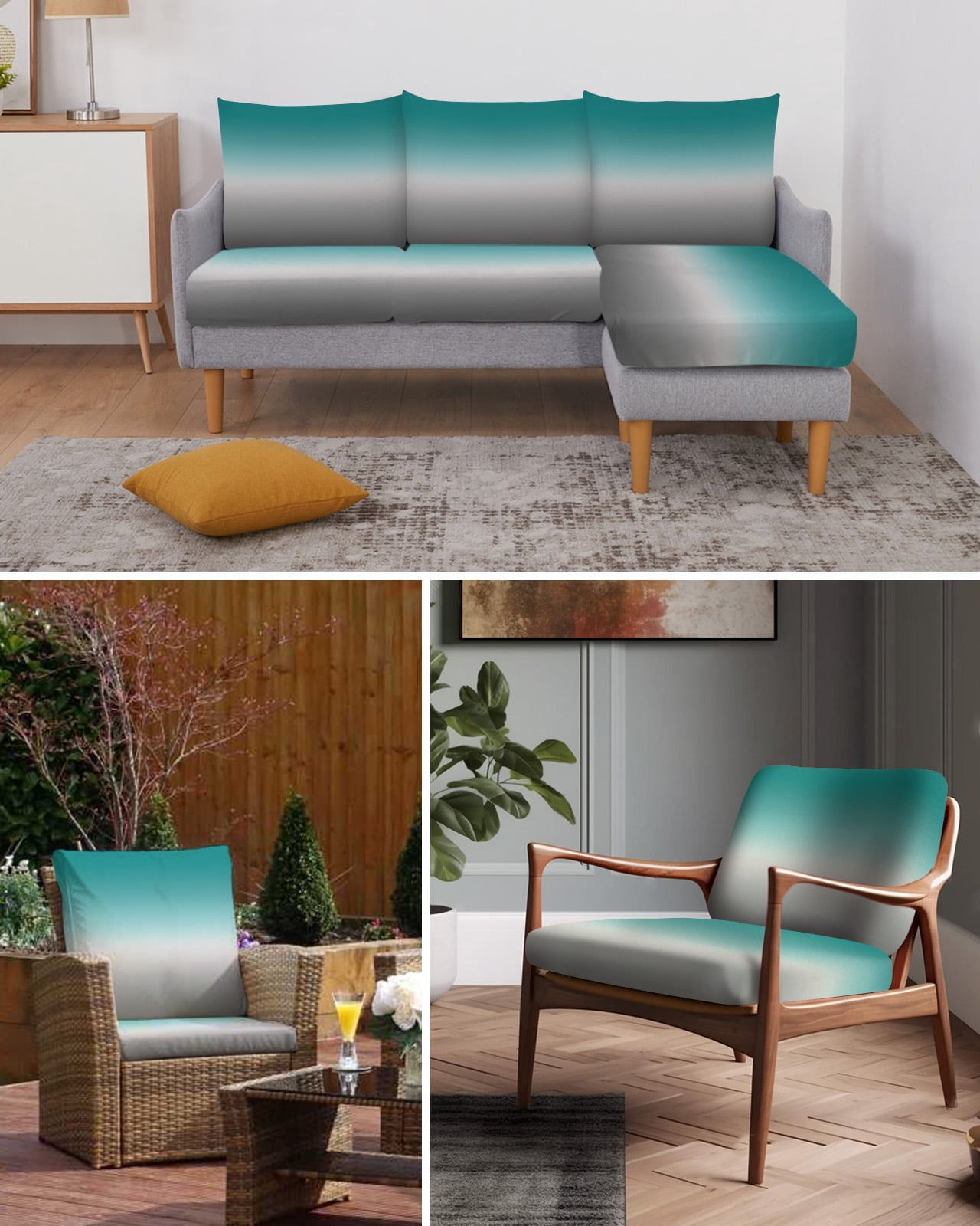 Teal Grey Ombre Couch Cushion Covers,Stretch Seat Cushion Covers for Sectional Sofa,Turquoise Gradient Modern Abstract Art Individual Sofa&nbsp;Slipcovers Furniture Protector Elastic Straps 1Pcs,S