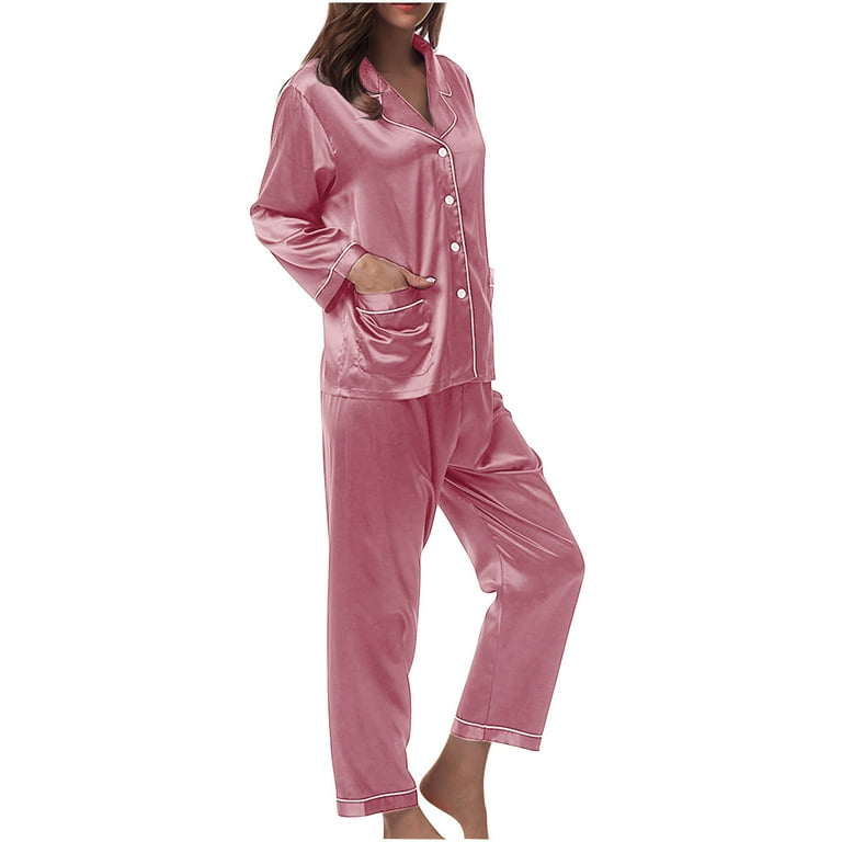 Satin Silk Pajamas Home Suit, for Women's Set Pyjamas Pajama,Pink-Medium