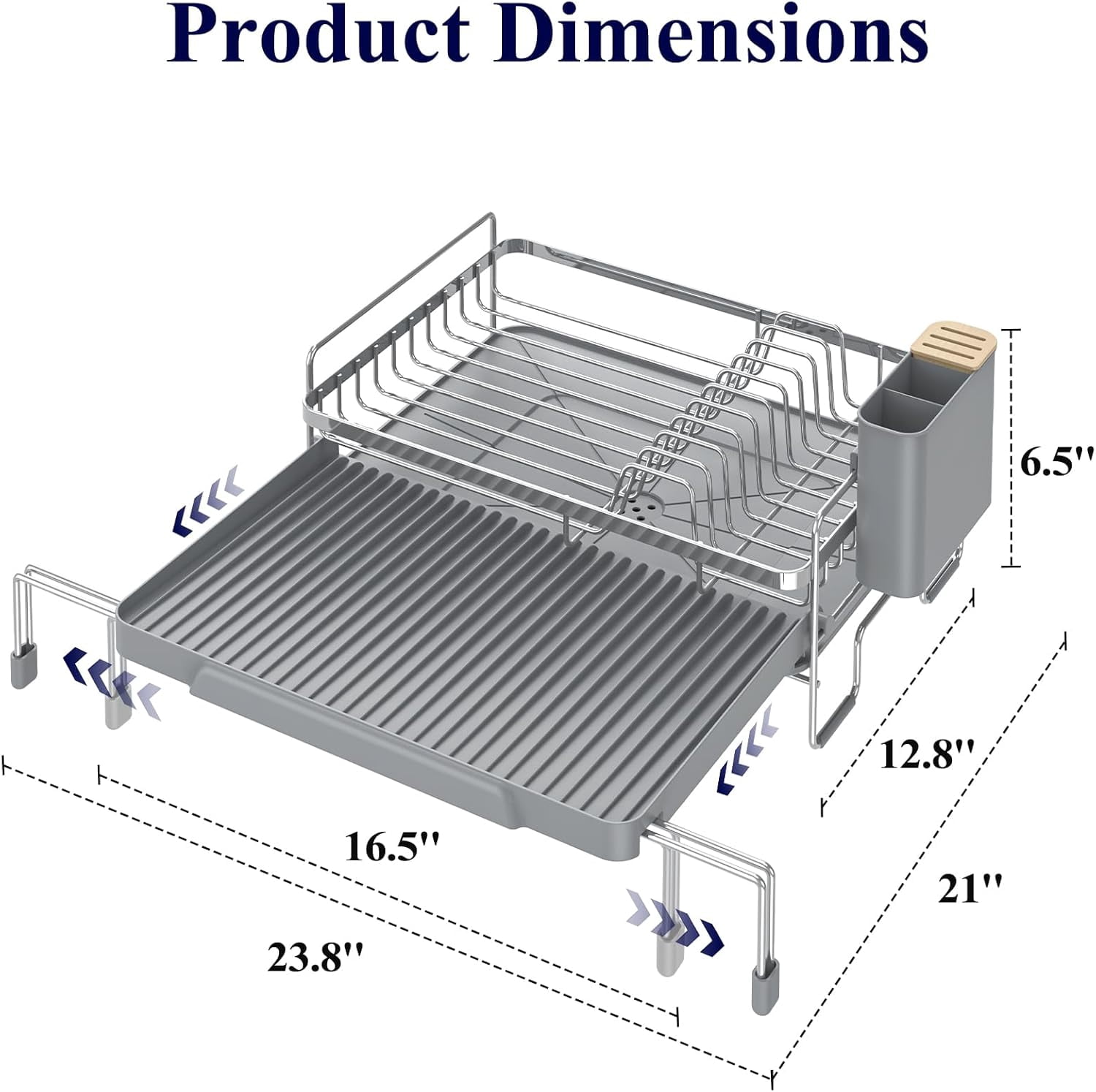 Extendable Dish Drying Rack - Adjustable Length 12.8"–21.0", Auto-Draining Dish Rack for Kitchen Counter, Rust-Resistant Metal Frame Over-Sink Support for Plates, Bowls & Utensils, Sliver Grey