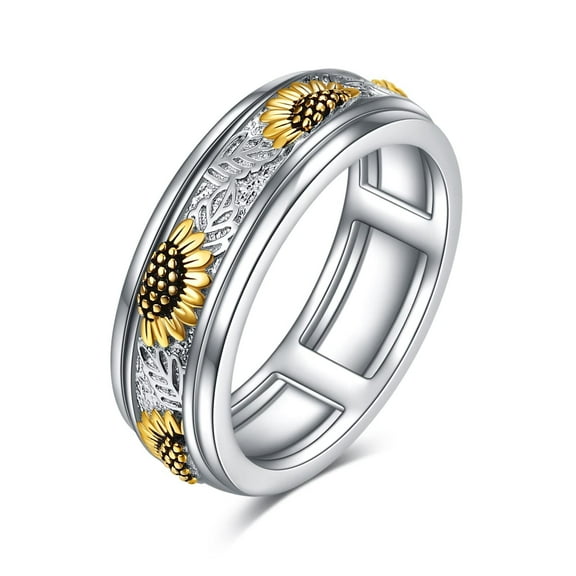 Sterling Silver Sunflower Flower Anxiety Spinner Rings Rotatable Fidget Rings for Women Relieve Stress Gift(7 Size)