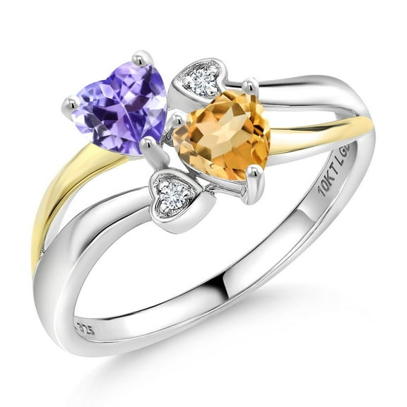 Gem Stone King 925 Silver and 10K Yellow Gold Blue Tanzanite and Yellow Citrine and White Lab Grown Diamond Ring for Women (0.98 Cttw, December Birthstone, Heart Shape 5MM, Size 7)