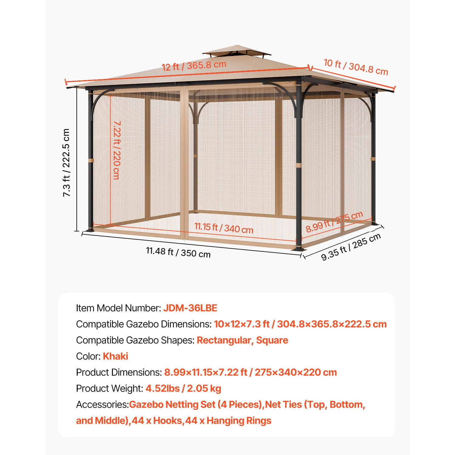 KFFKFF Gazebo Netting Replacement, Compatible with Most 10 x 12 x 7.3 FT Gazebos, Outdoor Mesh Sidewalls, 4-Panel Patio Curtain with Double Zipper, Protective Canopy Screen (Netting Only)