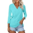 thumbnail image 2 of Htigea V Neck 3/4 Sleeve Shirt for Women Plain Summer Tees Casual Loose Top Lightweight Daily Wear Sky Blue,M, 2 of 5