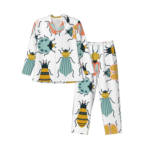 Vsdgher Colorful Insects Mens Pajama Set, Soft Warm Long Sleeve Sleepwear, Cozy Button-Down Pjs for Men-