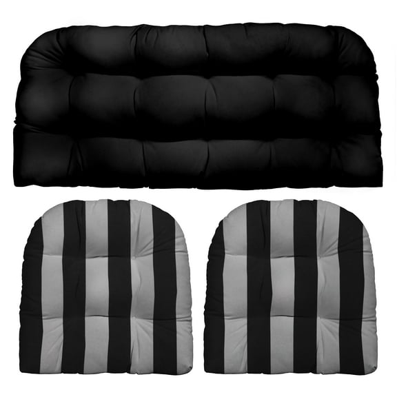 RSH Décor Indoor Outdoor 3 Piece Tufted Wicker Cushion Set, Large, Black   Black & White Stripe