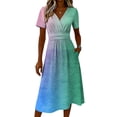 thumbnail image 5 of Minjewel Women's V-Neck Short Sleeve Bohemian Shift Dress - Summer Casual Beach Outfit, Loose Flowy Party Dress, Solid Color Comfy Vacation Mini Dress,Light Blue,S, 5 of 6