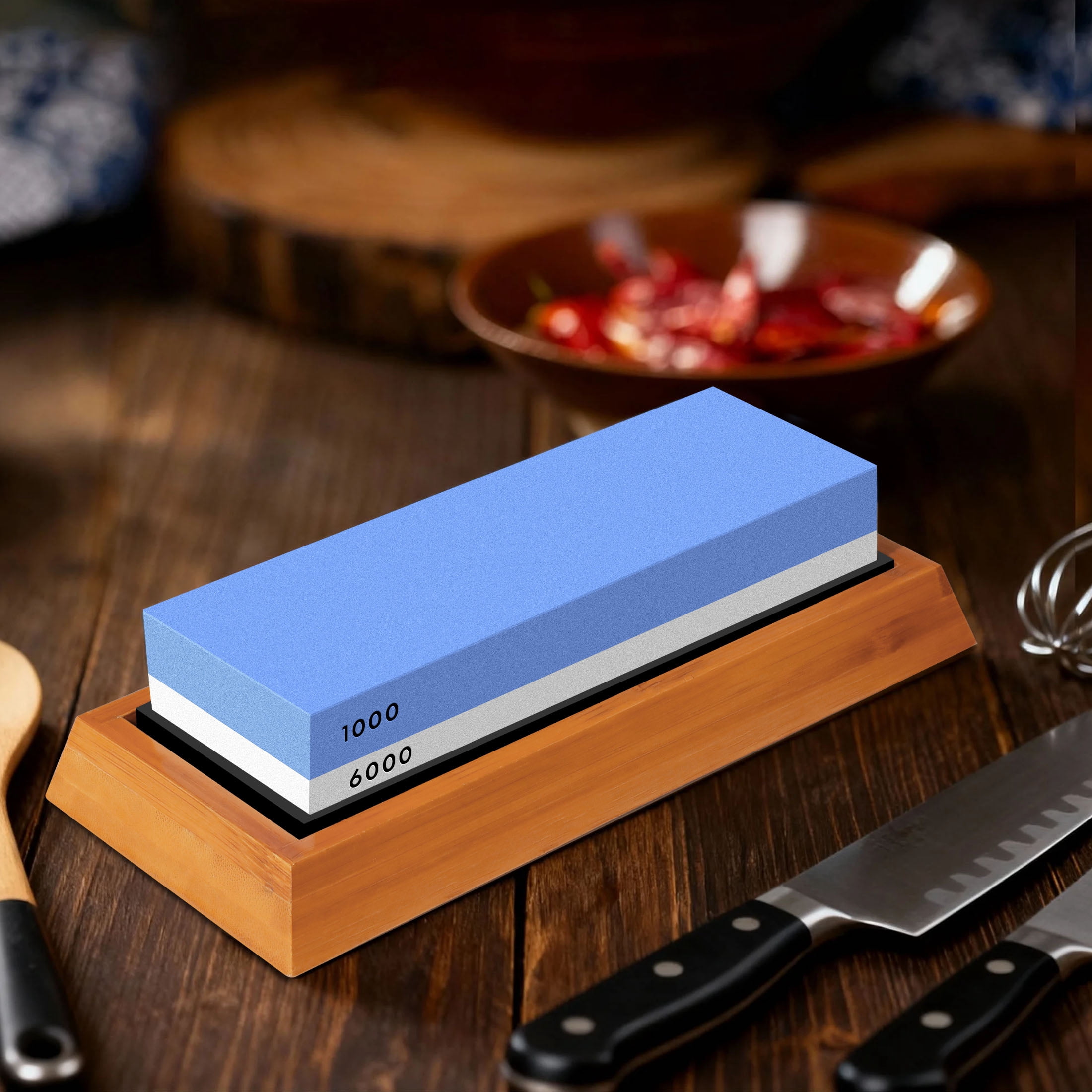 Whetstone Knife Sharpening Wet Stone, 2 Side 1000/6000 Grit Waterstone Sharpener Kit with NonSlip Bamboo Base