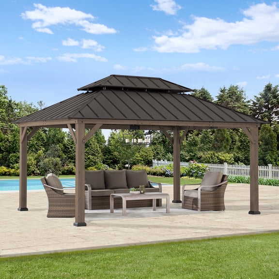 Sunjoy 12x16 Outdoor Cedar Wood Gazebo with Galvanized Steel Roof, Mosquito Netting