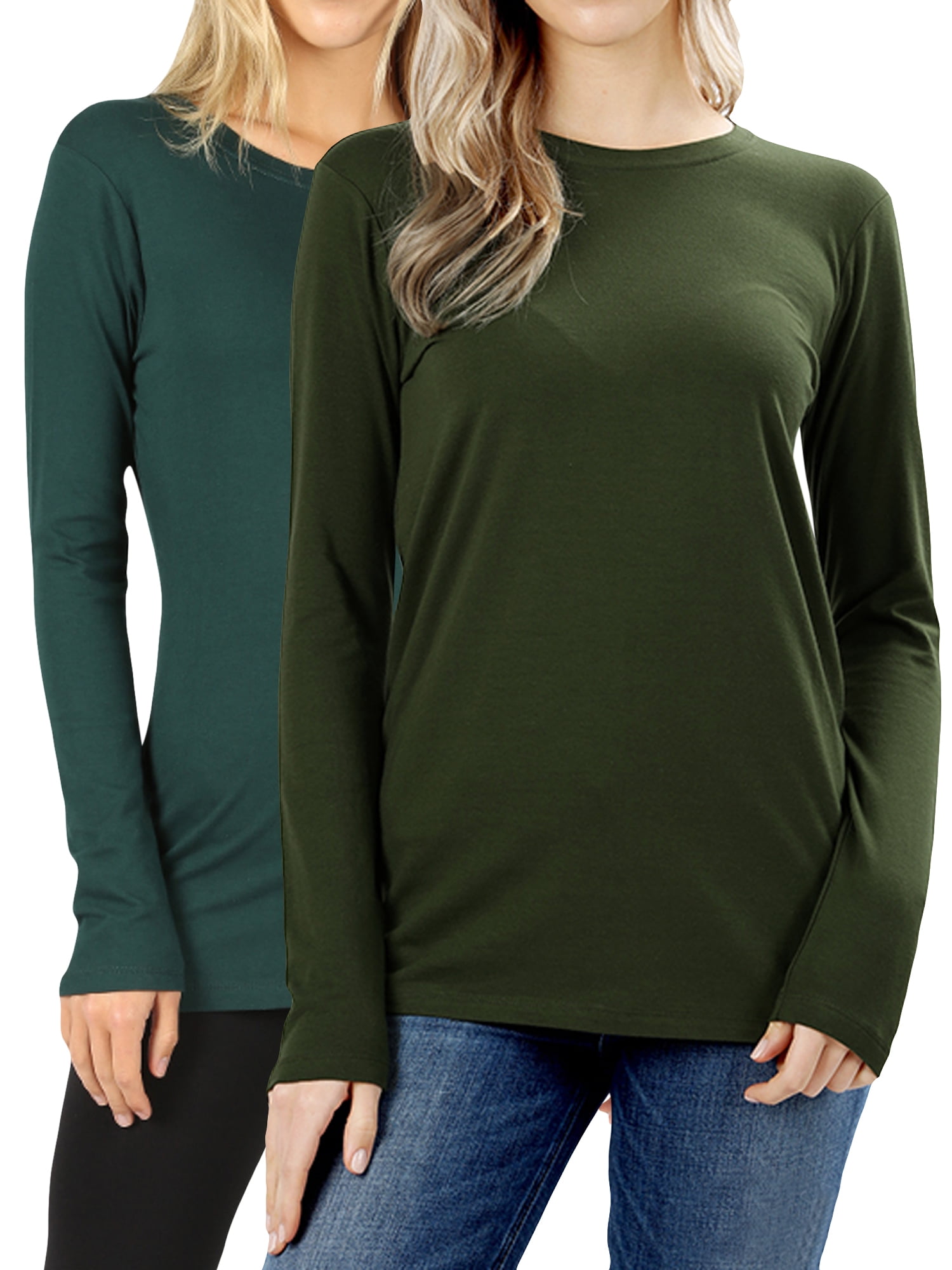 Women Basic Round Crew Neck Long Sleeve Stretch Cotton Spandex T-Shirts - Walmart.com