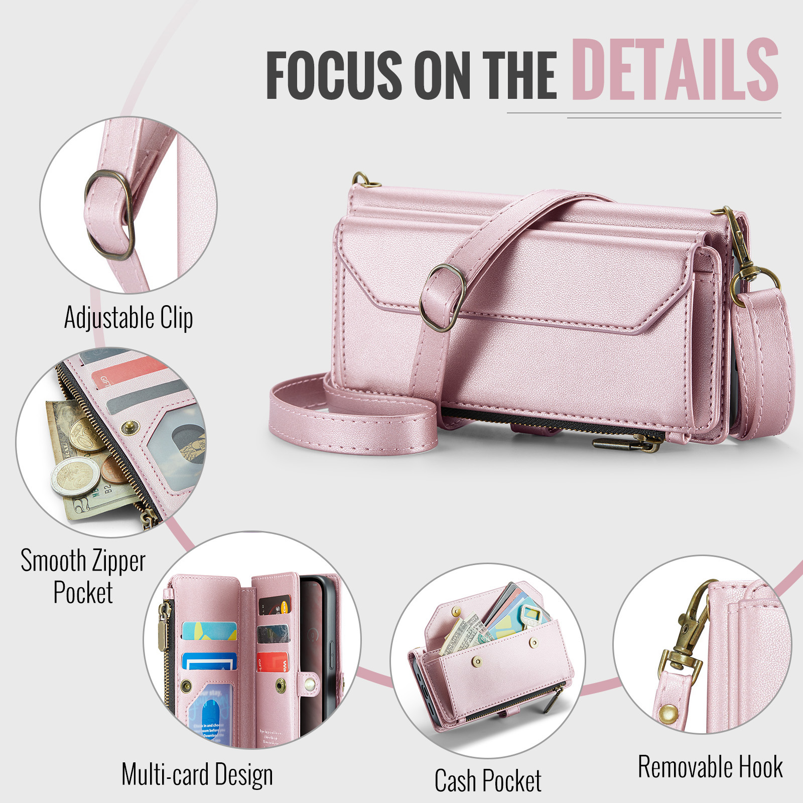 Compatible with iPhone 16e/SE 2025/SE 4 Zipper Wallet Phone Case Tempered Glass Screen Protector Crossbody Lanyard Strap Flip Card Holder Slot Cell Cover for i Phone16e i16e 16 e SE4 Women Rose Gold