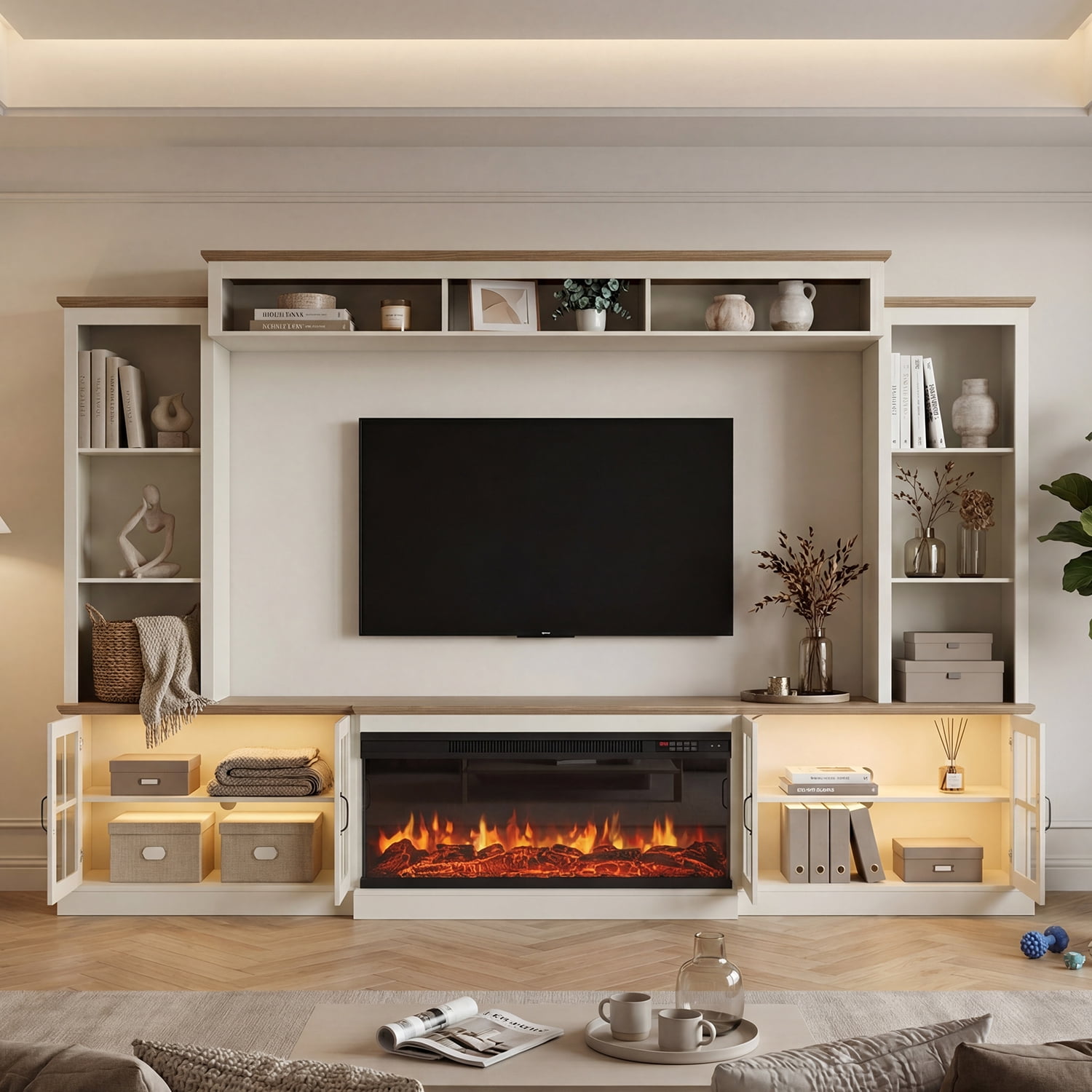 BaPiPro 98" Farmhouse TV Stand with Fireplace, Bookshelf, Entertainment Center for 75" TVs with Storage, Large Wall Unit Media Console for Living Room, White