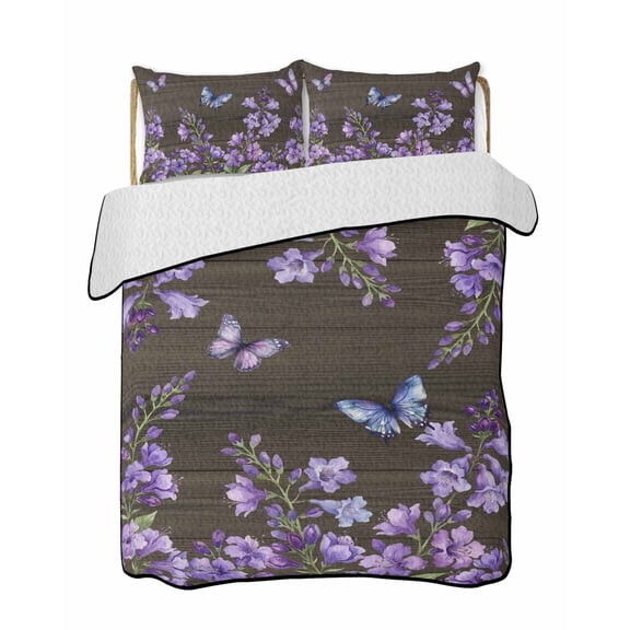 Quilts Queen Size Bedding Set, Purple Flowers Reversible Summer Quilt 3 Pieces, Butterfly Spring Floral Wooden Farmhouse Lightweight Bedspreads Coverlets with 2 Pillow Shams for All Seasons