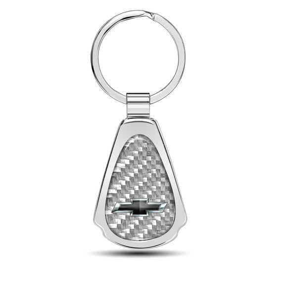 iPick Image for Chevrolet Black Logo Real Silver Dome Carbon Fiber Chrome Metal Teardrop Key Chain, Official Licensed
