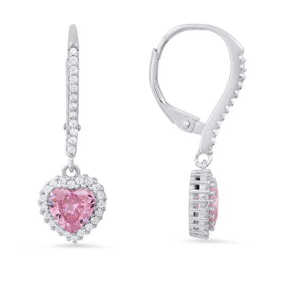Kylie Harper Sterling Silver Heart-cut Pink Sapphire CZ Birthstone Halo Leverback Earrings