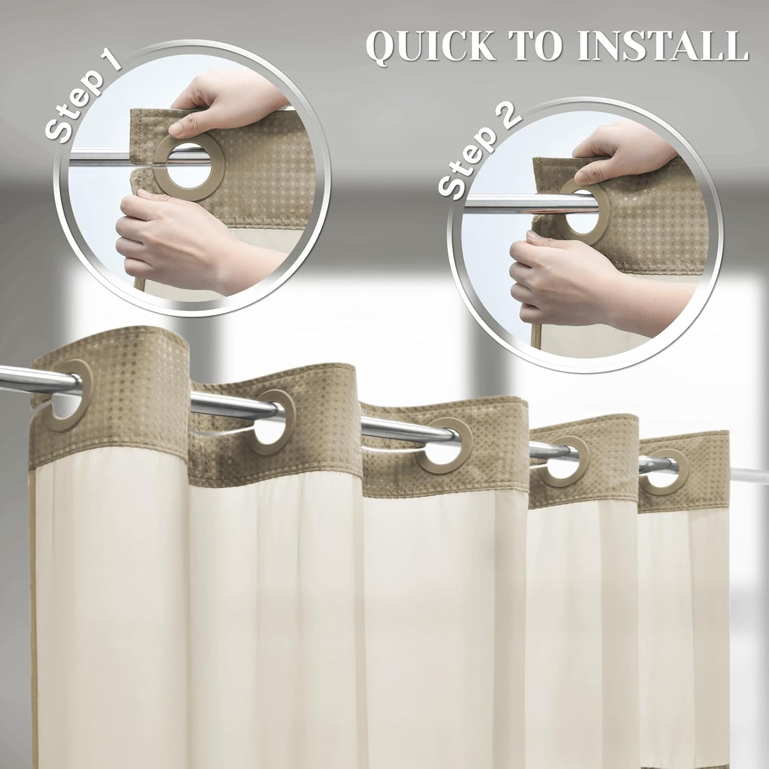 Waffle Weave Hookless Shower Curtain with Snap in Liner, DawnJoanHD Beige Polyester Fabric Shower Curtains with See Through Top Window, 71" x 74"