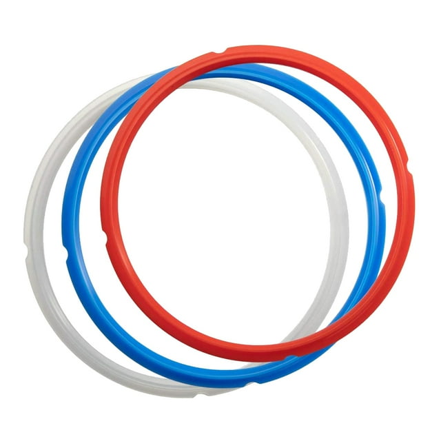 3 Pack Sealing Rings for Ninja Foodi 8 Quart, silicone gasket accessories in red, translucent white, and blue. Ideal pressure cooker accessories to prevent flavor mixing and compartmentalize cooking for savory and sweet dishes. Outer diameter measures 26cm.