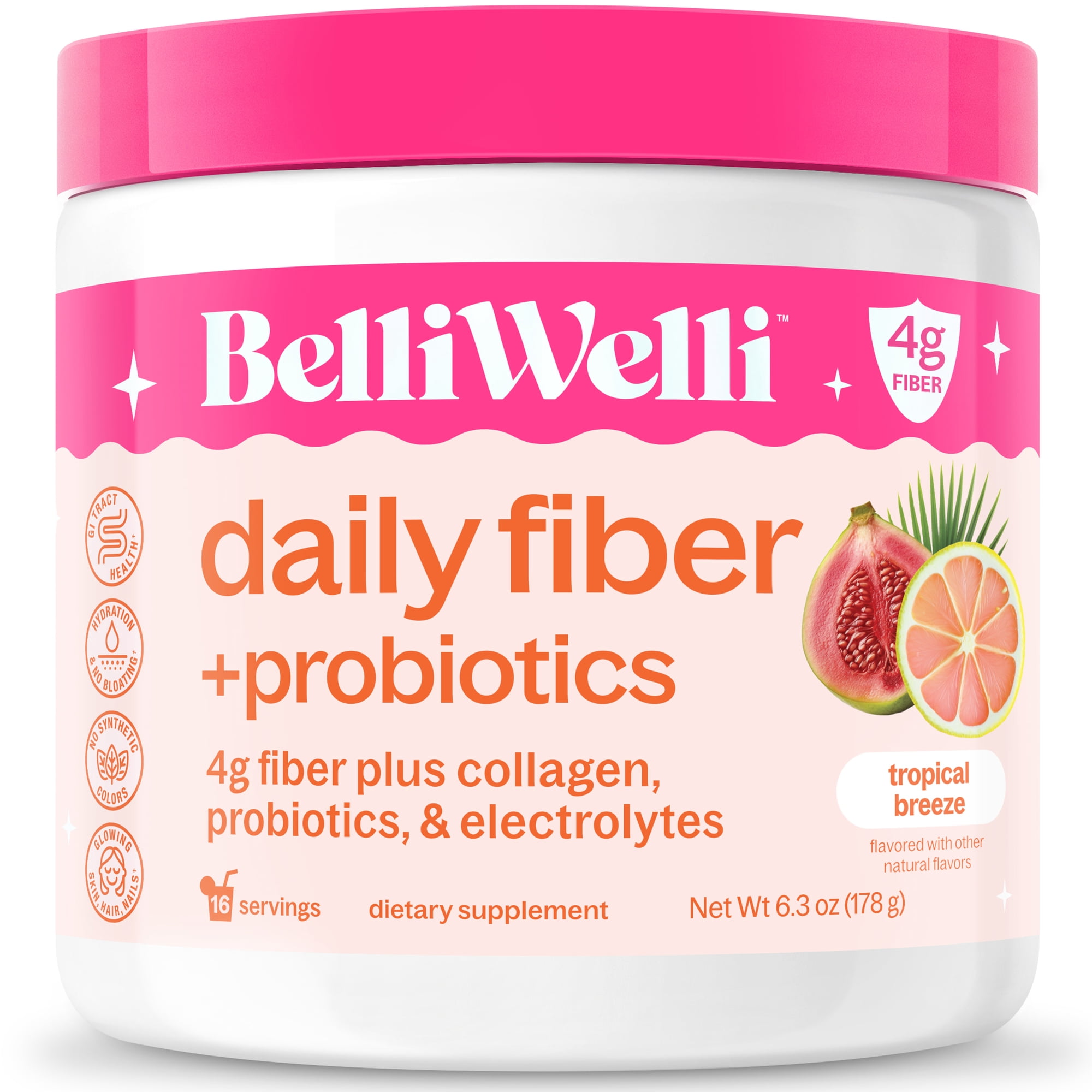 BelliWelli Daily Fiber Supplement with Probiotics, Electrolytes, and Collagen - Tropical Breeze, 6.4 oz