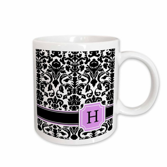 3drose, Personal Initial H Monogrammed Pink Black and White Damask Pattern Girly Stylish Personalized Letter, 15oz Mug