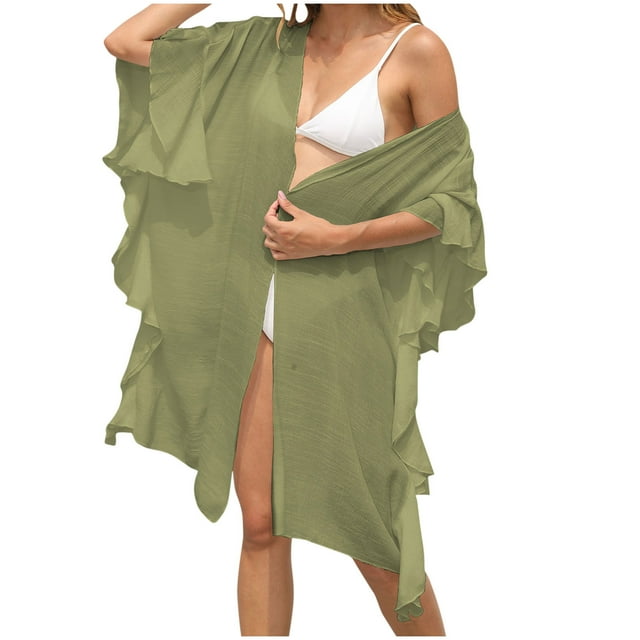 Plebaso Womens Bathing Suit Cover up Ruffle Short Sleeve Bikini Coverup Open Front Beach Flowy Cardigan