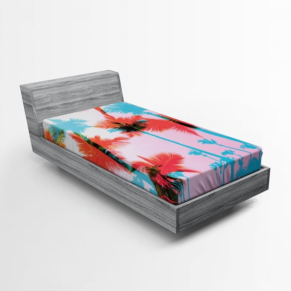 Ambesonne Tropical Fitted Sheet, Palm Tree Silhouettes, Twin XL Size, Dark Coral Turquoise