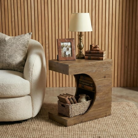 Tribesigns Solid Wood End Table 2-Tier C-Shaped Side Table Minimal Rustic Couch Bedside Table Nightstand for Small Spaces