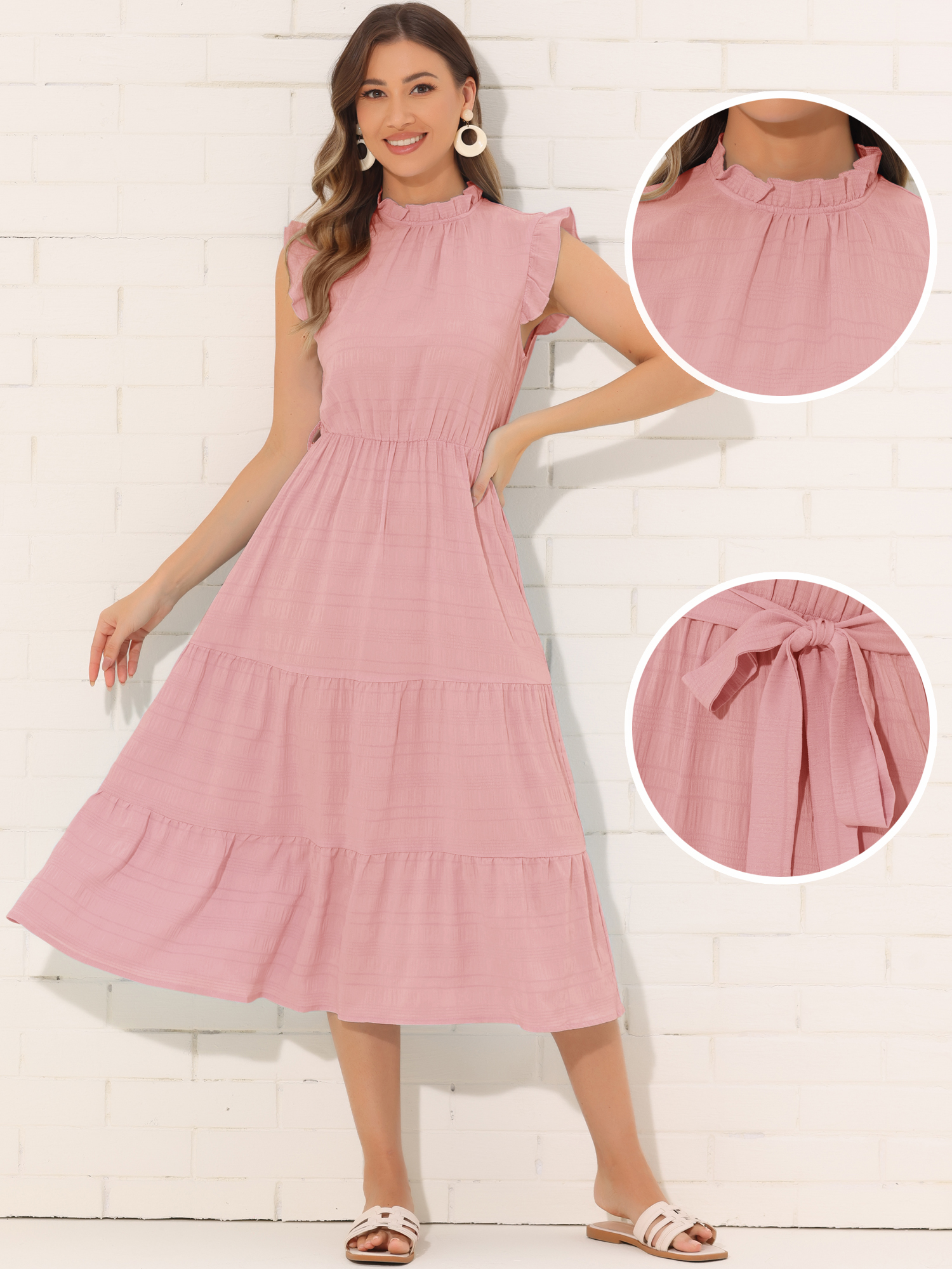 DARING DIVA Midi Ruffled Sleeve Mock Neck Casual Dress XS Pink