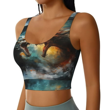 Haiem White And Red Sketch Dragon Pattern Womens Sports Bra - U Neck Padded Low Impact Yoga Bra Workout Crop Top Gym Moisture-Wicking Workout Vest -Medium