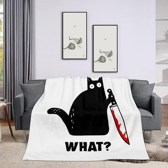 Throw Blanket Inch Black Cat and Knife What Cozy Soft Lightweight Fuzzy Flannel Blanket Inch Suitable for Couch Bed Sofa Living Room in All Seasons 50"x60"