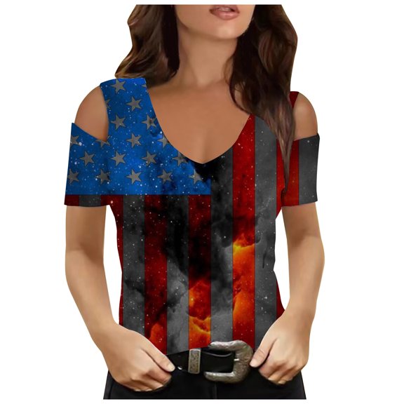IROINNID 4th of July T-Shirt For Women Fashion Summer Casual Strapless Blouse Top V-Neck Women Tops Independence Day